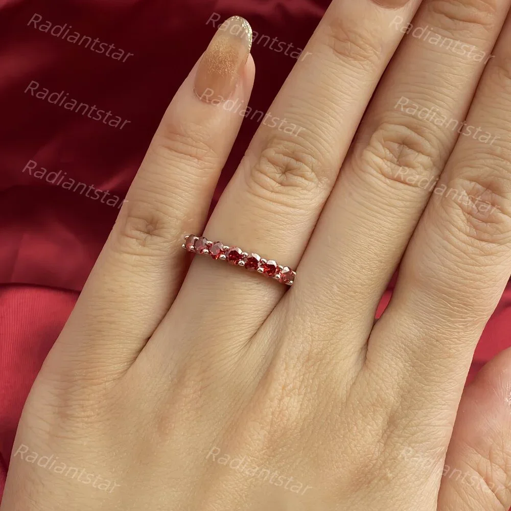 NEW Certified 3mm Garnet Moissanite 7 Stone Half Eternity Band Ring